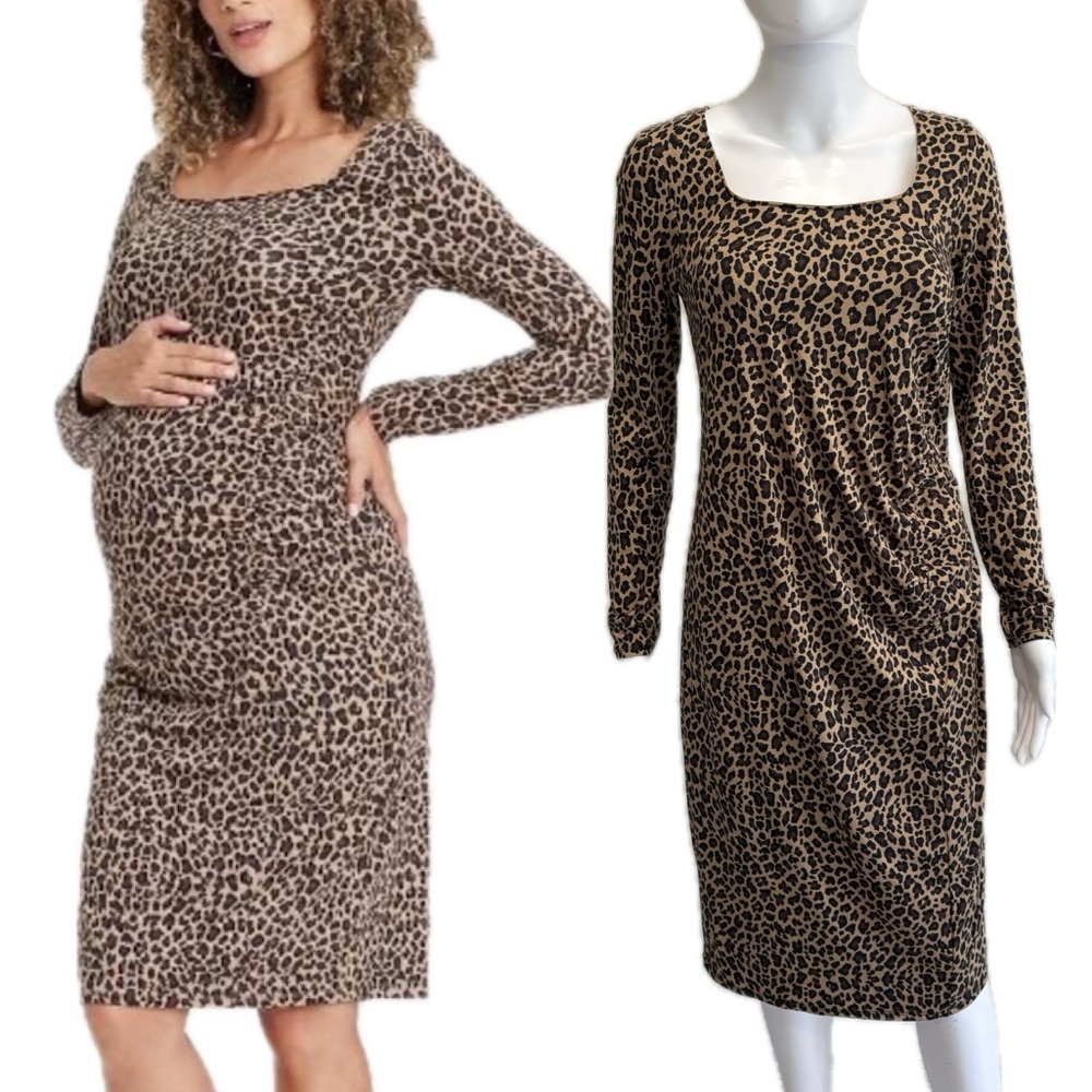NWT Isabel Maternity Leopard Print Midi Dress Size XS Brown Long Sleeve Bodycon
